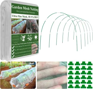 Garden Mesh Netting Kit,10 x 30FT Ultra Fine Netting with 6 Sets Fiberglass Garden Hoops for Raised Beds Vegetable Plants Fruits Greenhouse Row Cover Birds Animals Barrier Protection Net