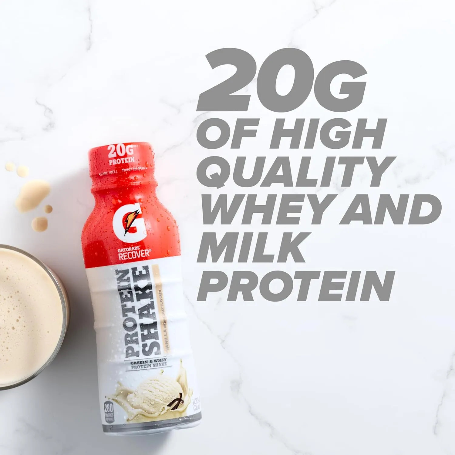 Gatorade Recover Protein Shake, Vanilla, 20g Protein, 11.6 fl oz Plastic Bottle, Pack of 12