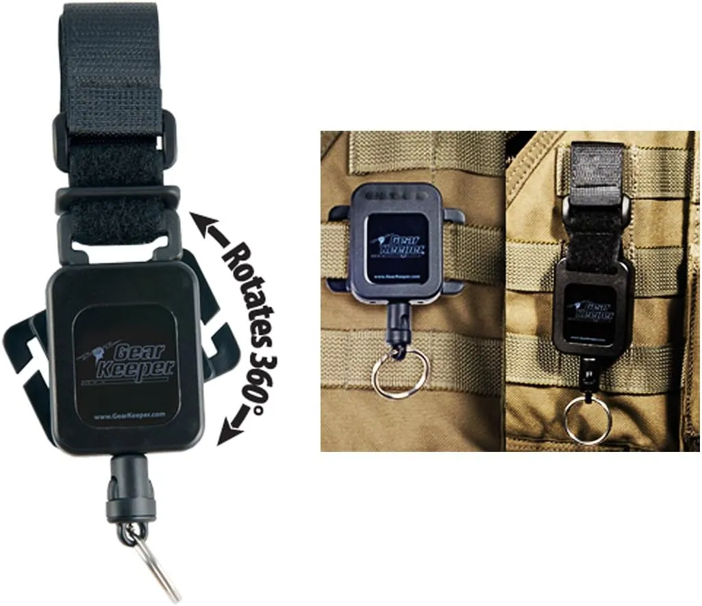 Gear Keeper Combo MOLLE Mount - Rotating Webbing Clip/Velcro Strap RT4-5170 - 3oz Retractable Force Lanyard - Flashlight Holder/Phone Pouch - Law Enforcement - Hunting - Military Gear - USA Made Black