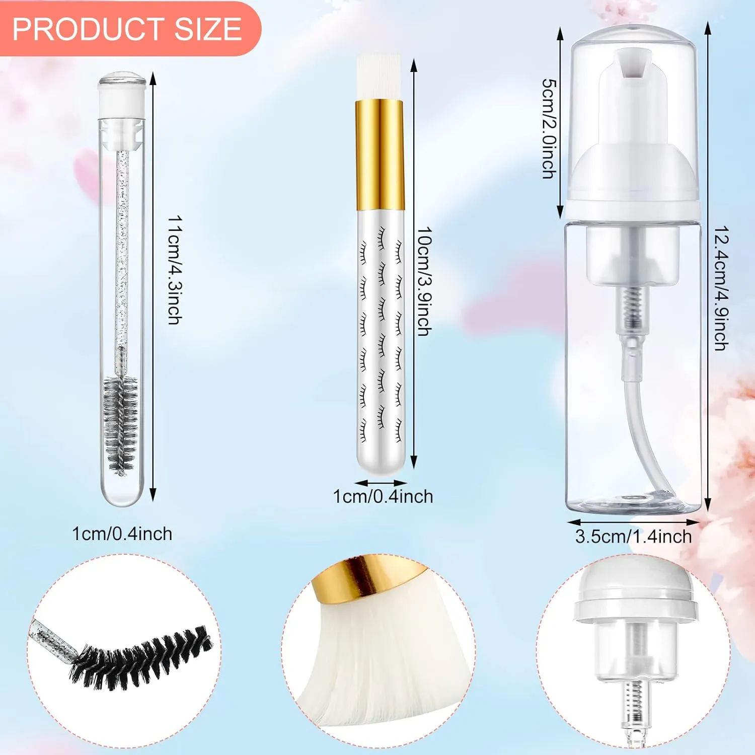 Geiserailie 30 Pcs Lash Shampoo Brushes Soap Bottle Set, 10 Eyelash Extensions Mascara Brushes 10 Peel off Blackhead Nose Cleaning Brush 10 Plastic Foam Reusable Bottle for Women(Simple,White)