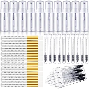 Geiserailie 30 Pcs Lash Shampoo Brushes Soap Bottle Set, 10 Eyelash Extensions Mascara Brushes 10 Peel off Blackhead Nose Cleaning Brush 10 Plastic Foam Reusable Bottle for Women(Simple,White)