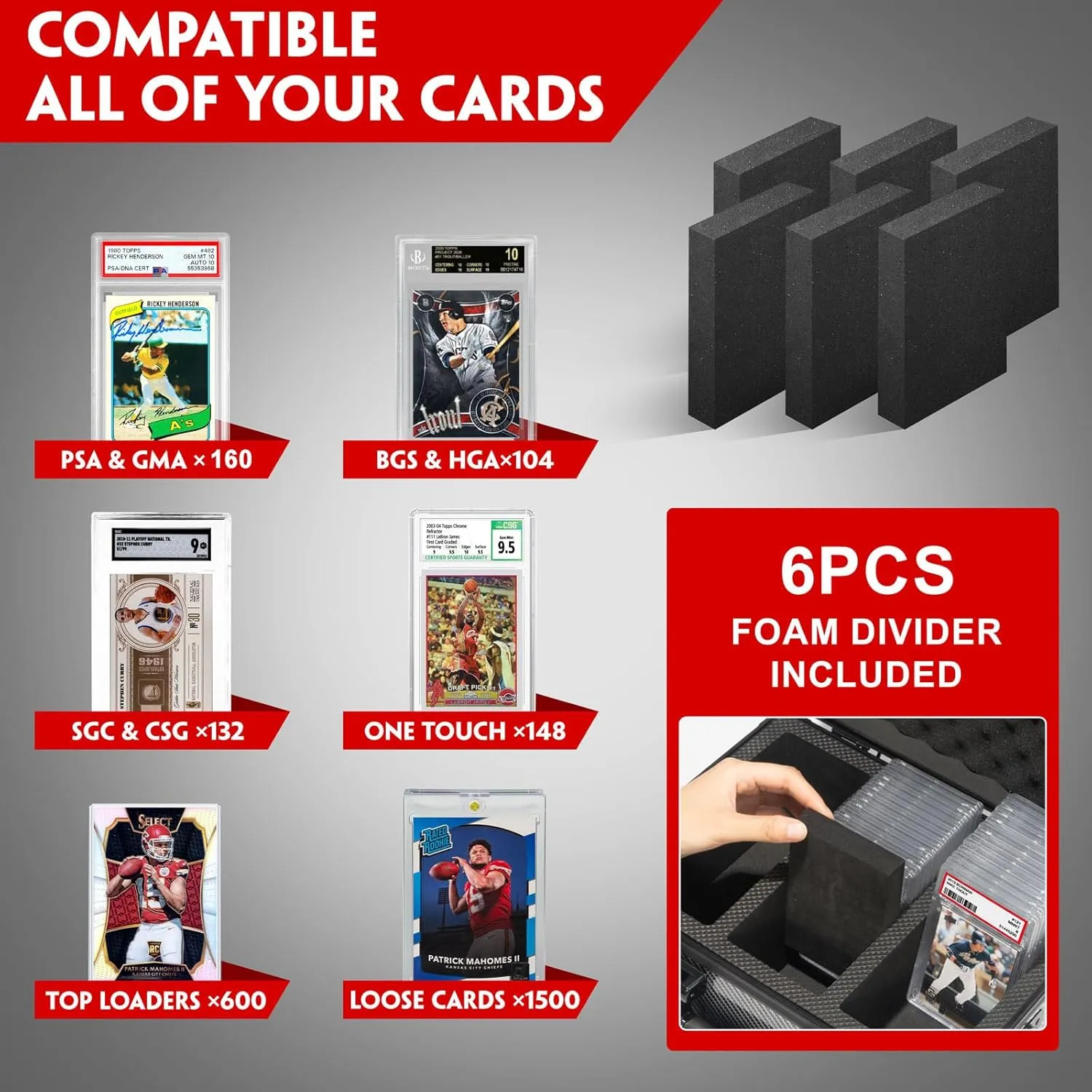 Graded Card Storage Box, Trading Cards Slab Carrying Case, 4 Row Black Hard Sports Cards Holder Boxes with 6 Dividers Fits for PSA BGS SGC Top Loaders Collection