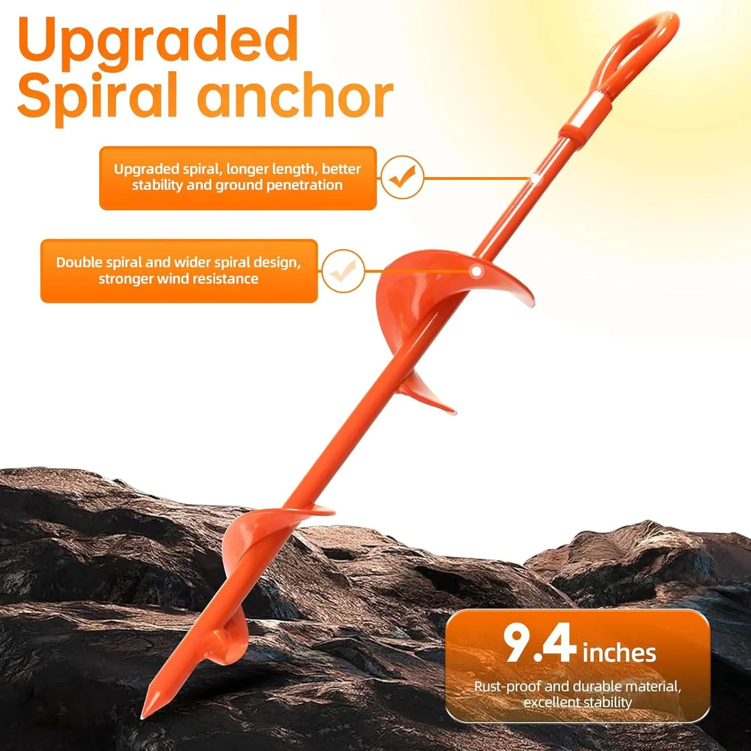 Ground Anchors, Shed Anchor Kit - 15 Inch, 4-Pack Spiral Stakes, Ground Anchors Heavy Duty - Strong Wind Resistant for Camping Tents, Carports, Swing Sets, and Canopies - Earth Anchors (Orange)