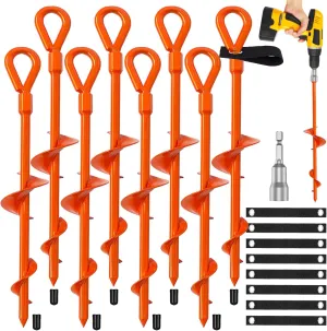 Ground Anchors, Shed Anchor Kit - 15 Inch, 4-Pack Spiral Stakes, Ground Anchors Heavy Duty - Strong Wind Resistant for Camping Tents, Carports, Swing Sets, and Canopies - Earth Anchors (Orange)