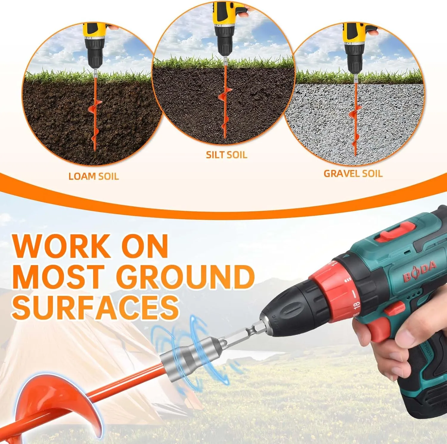 Ground Anchors, Shed Anchor Kit - 15 Inch, 4-Pack Spiral Stakes, Ground Anchors Heavy Duty - Strong Wind Resistant for Camping Tents, Carports, Swing Sets, and Canopies - Earth Anchors (Orange)