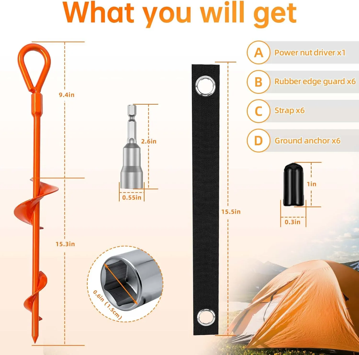 Ground Anchors, Shed Anchor Kit - 15 Inch, 4-Pack Spiral Stakes, Ground Anchors Heavy Duty - Strong Wind Resistant for Camping Tents, Carports, Swing Sets, and Canopies - Earth Anchors (Orange)