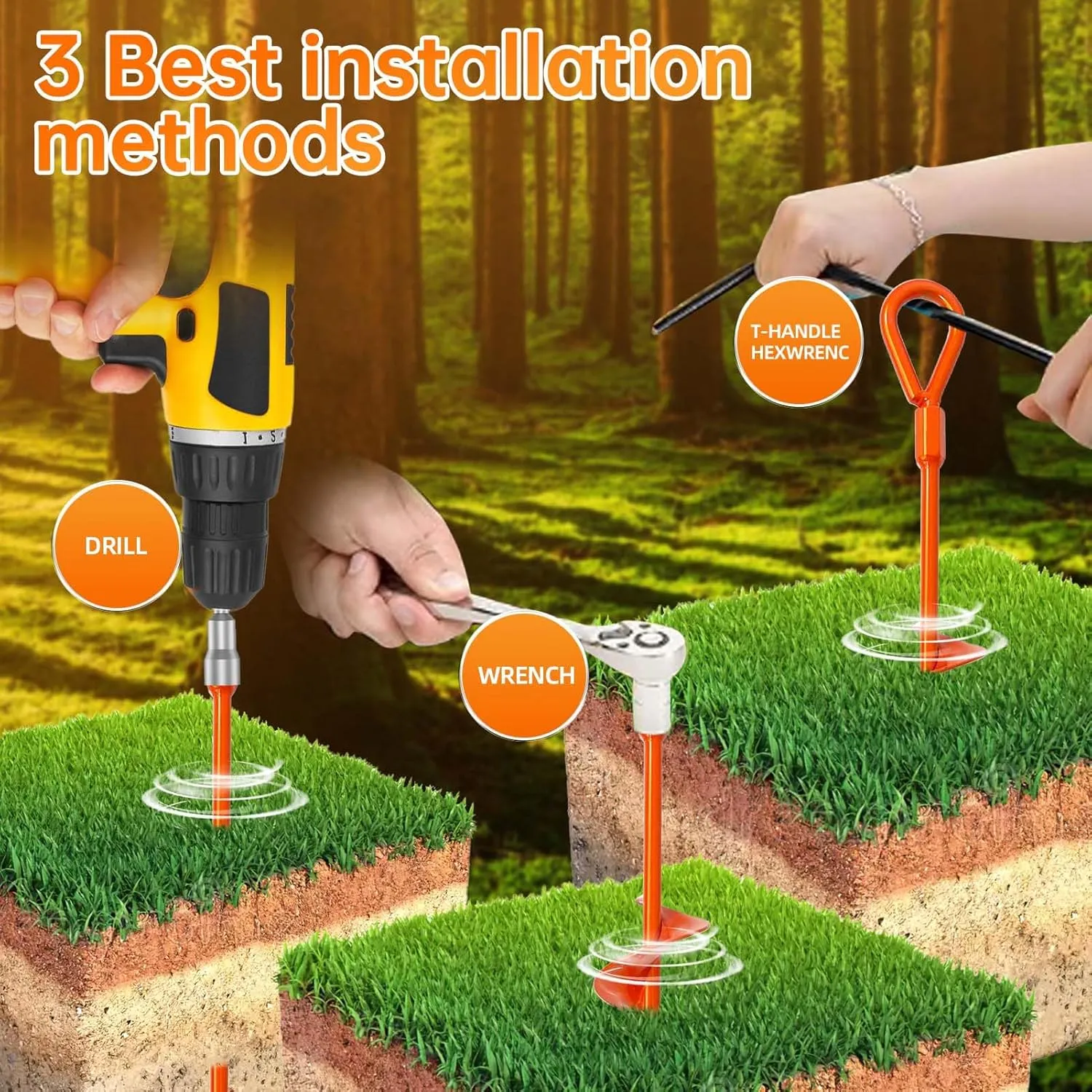 Ground Anchors, Shed Anchor Kit - 15 Inch, 4-Pack Spiral Stakes, Ground Anchors Heavy Duty - Strong Wind Resistant for Camping Tents, Carports, Swing Sets, and Canopies - Earth Anchors (Orange)