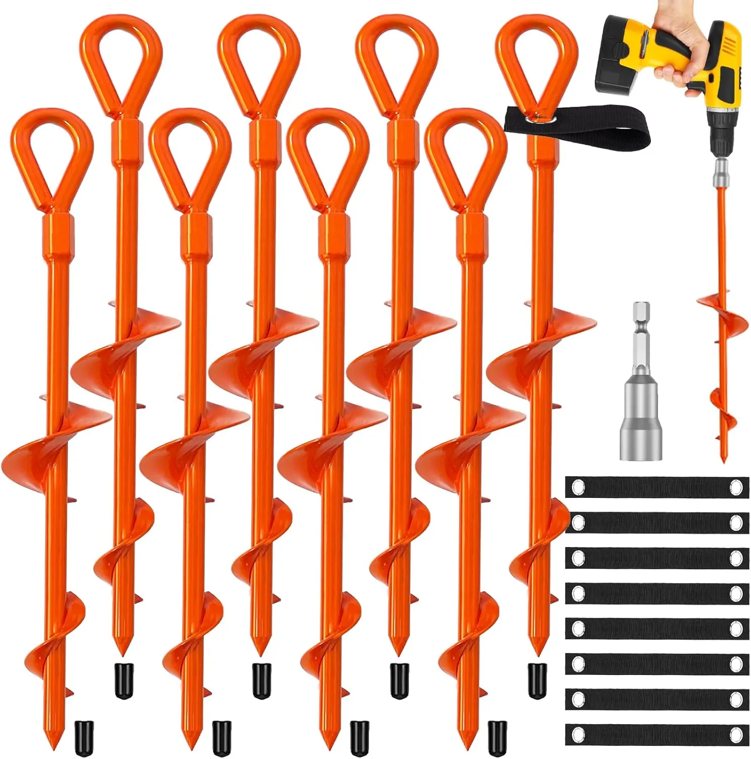 Ground Anchors, Shed Anchor Kit - 15 Inch, 4-Pack Spiral Stakes, Ground Anchors Heavy Duty - Strong Wind Resistant for Camping Tents, Carports, Swing Sets, and Canopies - Earth Anchors (Orange)