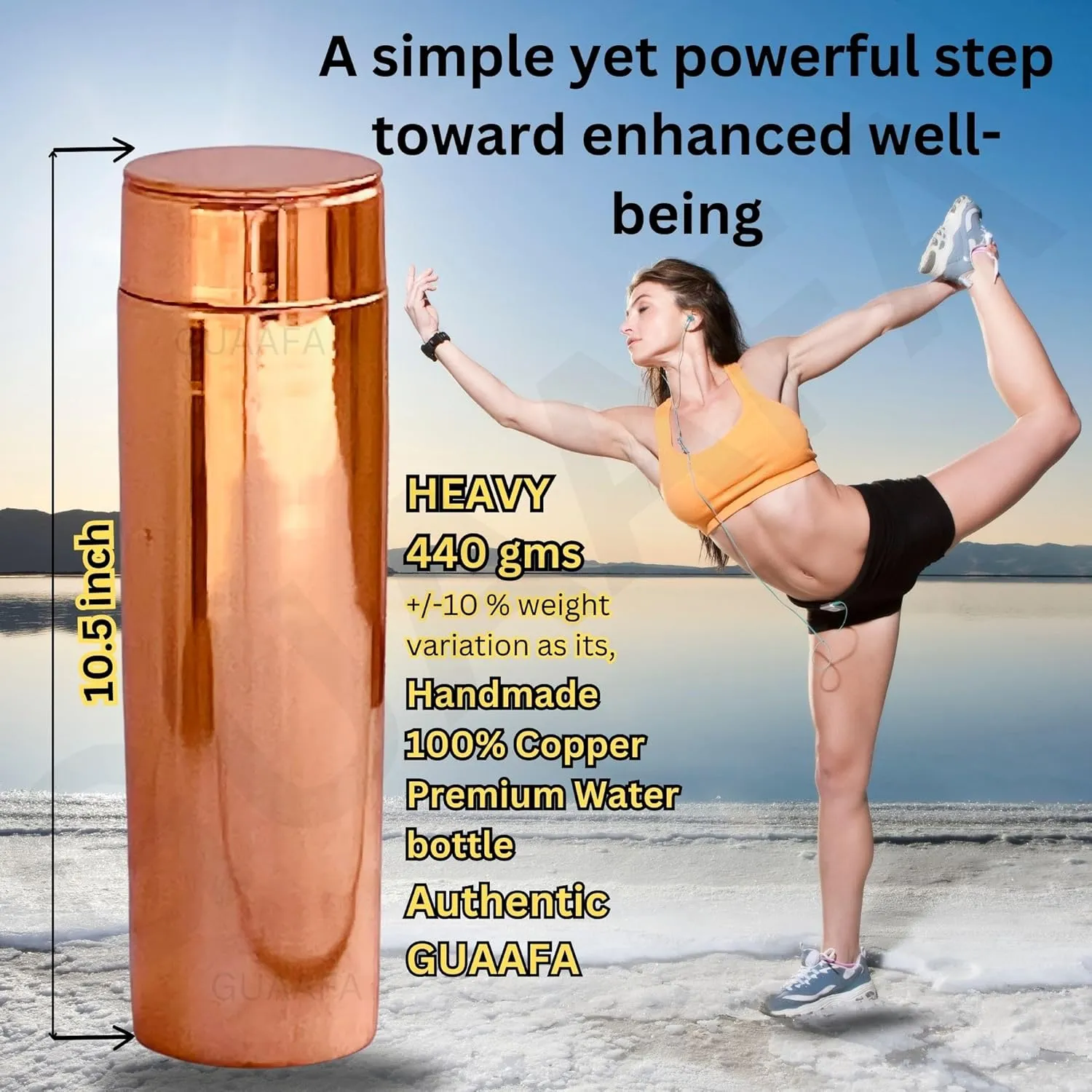 GUAAFA Copper Water Bottle - 32oz Handmade Ayurvedic 100% Pure Copper Smooth Finish Vessel - Gym Office Yoga Travel
