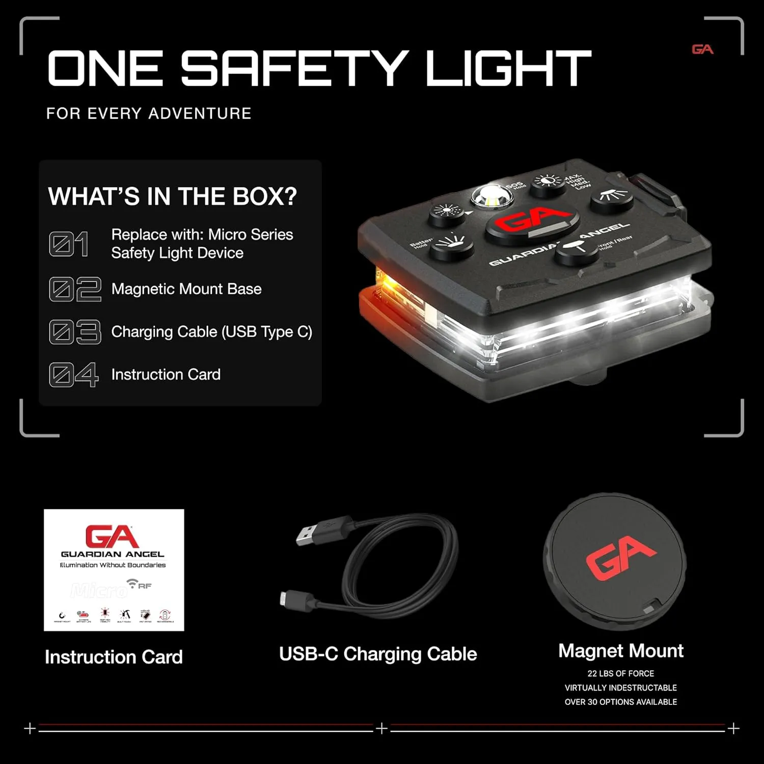 Guardian Angel Micro Series Safety Lights, (All White Front & Orange Rear) | Rechargeable, Magnetic & Hands-Free Wearable LED Flashlight for Dog Walking, Cycling, Hiking, Camping & Fishing