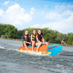 GYMAX Hot Dog Towable, 2/3 Riders Towable Tube for Boating with EVA Seat Pads, Easy Grip Handles, Full 900D Nylon Cover & Drainage System, Inflatable Floating Banana Boat