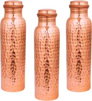 Handcrafted Pure Copper Water Bottle – 950 ML (32.5 Oz) Capacity | Hammered Design | 100% Pure Copper Water Bottle Vessel | Leak-Proof | Authentic Copper Bottle Pack of 3