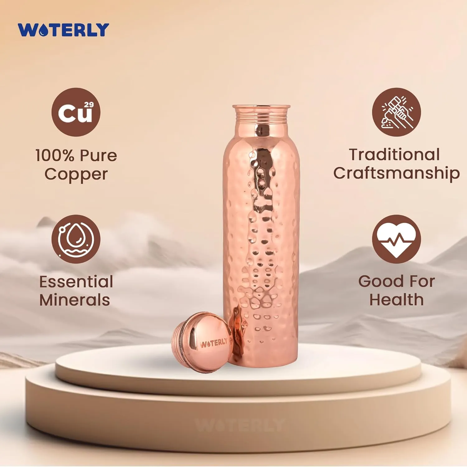 Handcrafted Pure Hammered Copper Bottle 34 oz (1000 ml) | Ayurvedic Pure Copper BottleBest For Drinking,Office, Gym, School & gifts | Heavy copper Material with Leak proof Quality (Hammered)