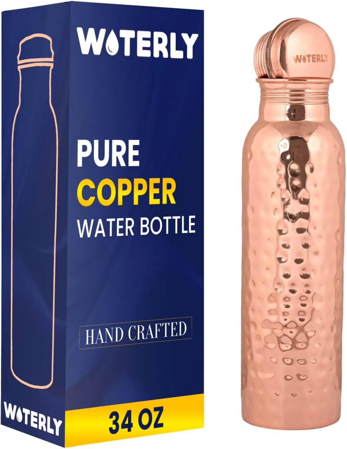 Handcrafted Pure Hammered Copper Bottle 34 oz (1000 ml) | Ayurvedic Pure Copper BottleBest For Drinking,Office, Gym, School & gifts | Heavy copper Material with Leak proof Quality (Hammered)