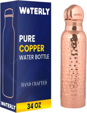 Handcrafted Pure Hammered Copper Bottle 34 oz (1000 ml) | Ayurvedic Pure Copper BottleBest For Drinking,Office, Gym, School & gifts | Heavy copper Material with Leak proof Quality (Hammered)