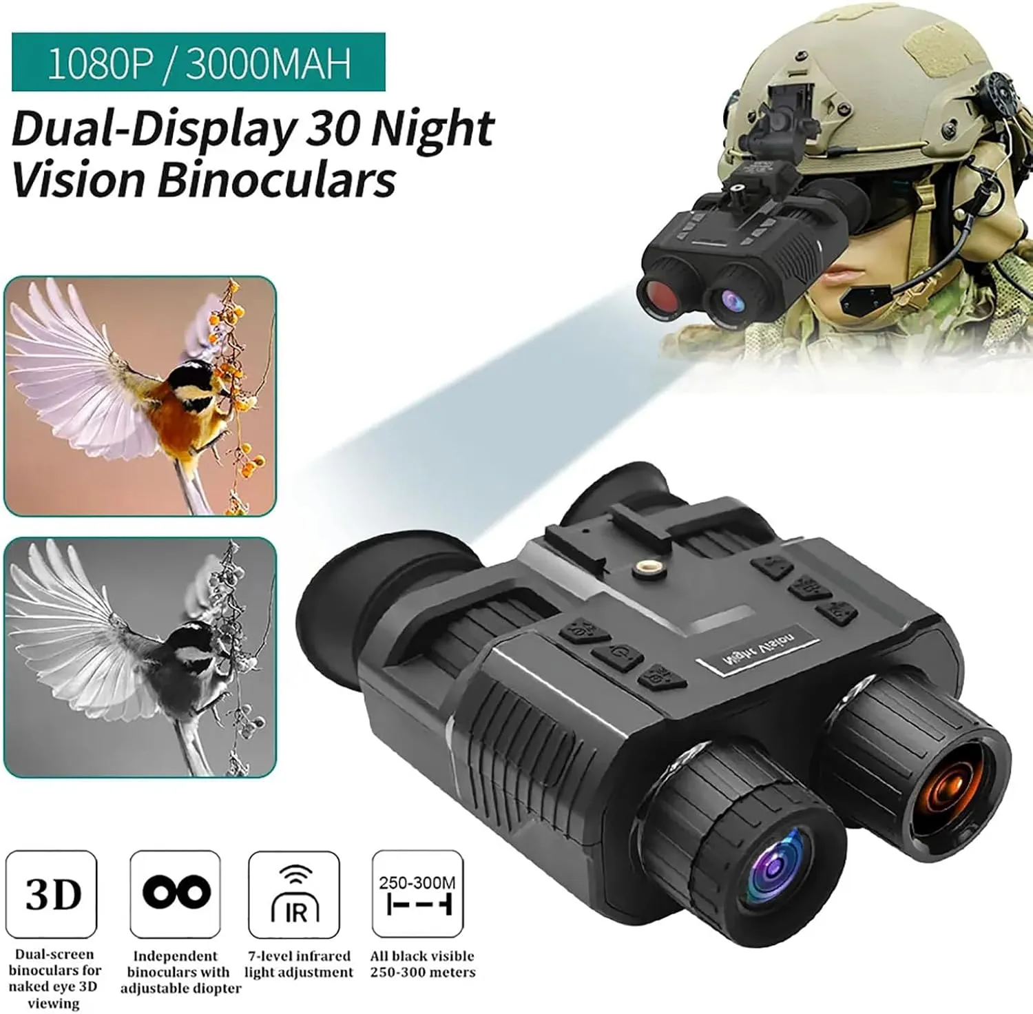 Head-Mounted Night Vision Goggles, 3D Night Vision Binoculars, 4X Digital Zoom and FOV 10° with Mount and Compatible Helmet, for Hunting & Surveillance, FHD 4K Video for Viewing 984ft
