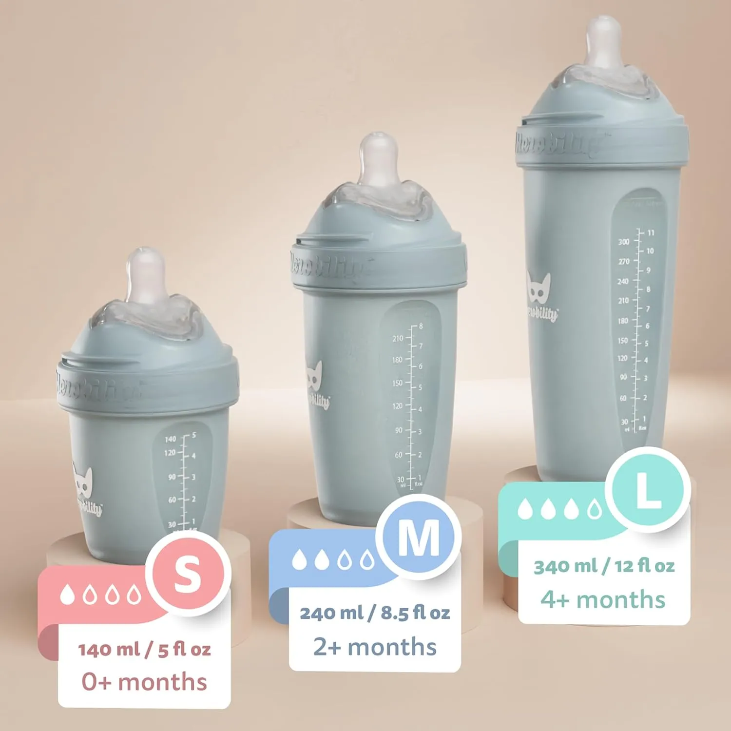 Herobility Double Anti-Colic Baby Bottles – 12 fl oz/340ml – 4-Pack – Multicolor – White, Gray, Pink, Hawthorn Rose