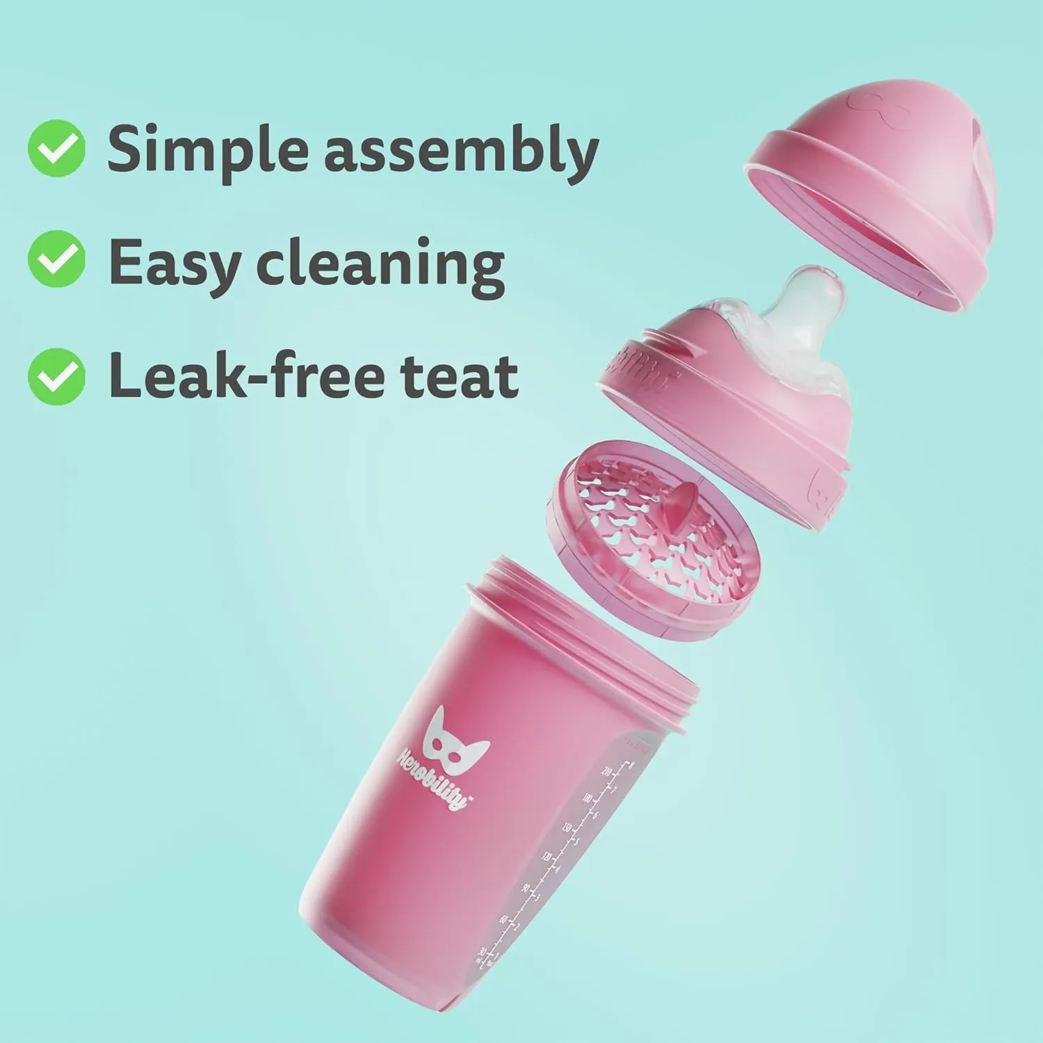 Herobility Double Anti-Colic Baby Bottles – 12 fl oz/340ml – 4-Pack – Multicolor – White, Gray, Pink, Hawthorn Rose