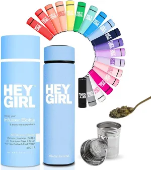Hey Girl Tea Infuser Bottle 450ml - Insulated Stainless Steel Water Bottle - Tea Tumbler with Tea Diffuser - Portable Travel Mug for Loose Leaf Tea & Infused Water - Tea Lovers Gifts for Women