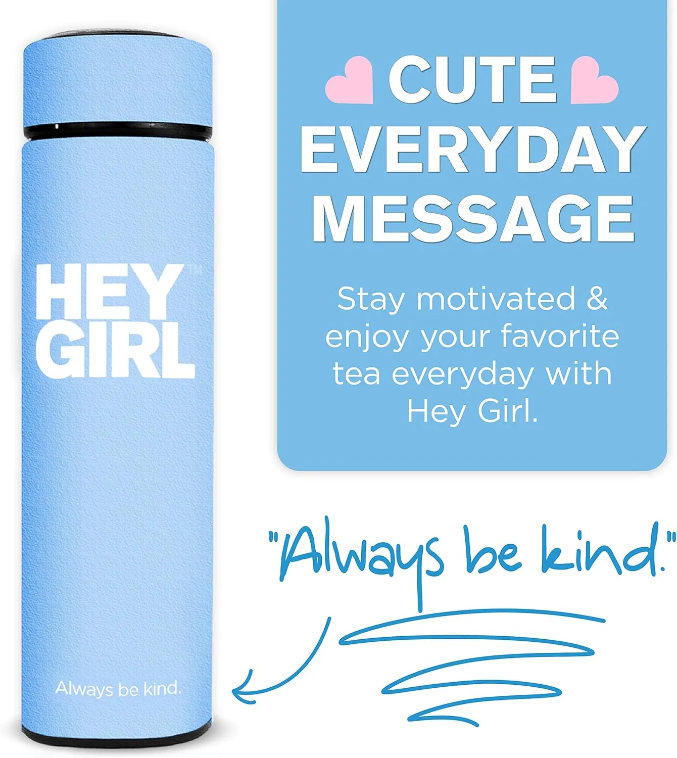 Hey Girl Tea Infuser Bottle 450ml - Insulated Stainless Steel Water Bottle - Tea Tumbler with Tea Diffuser - Portable Travel Mug for Loose Leaf Tea & Infused Water - Tea Lovers Gifts for Women