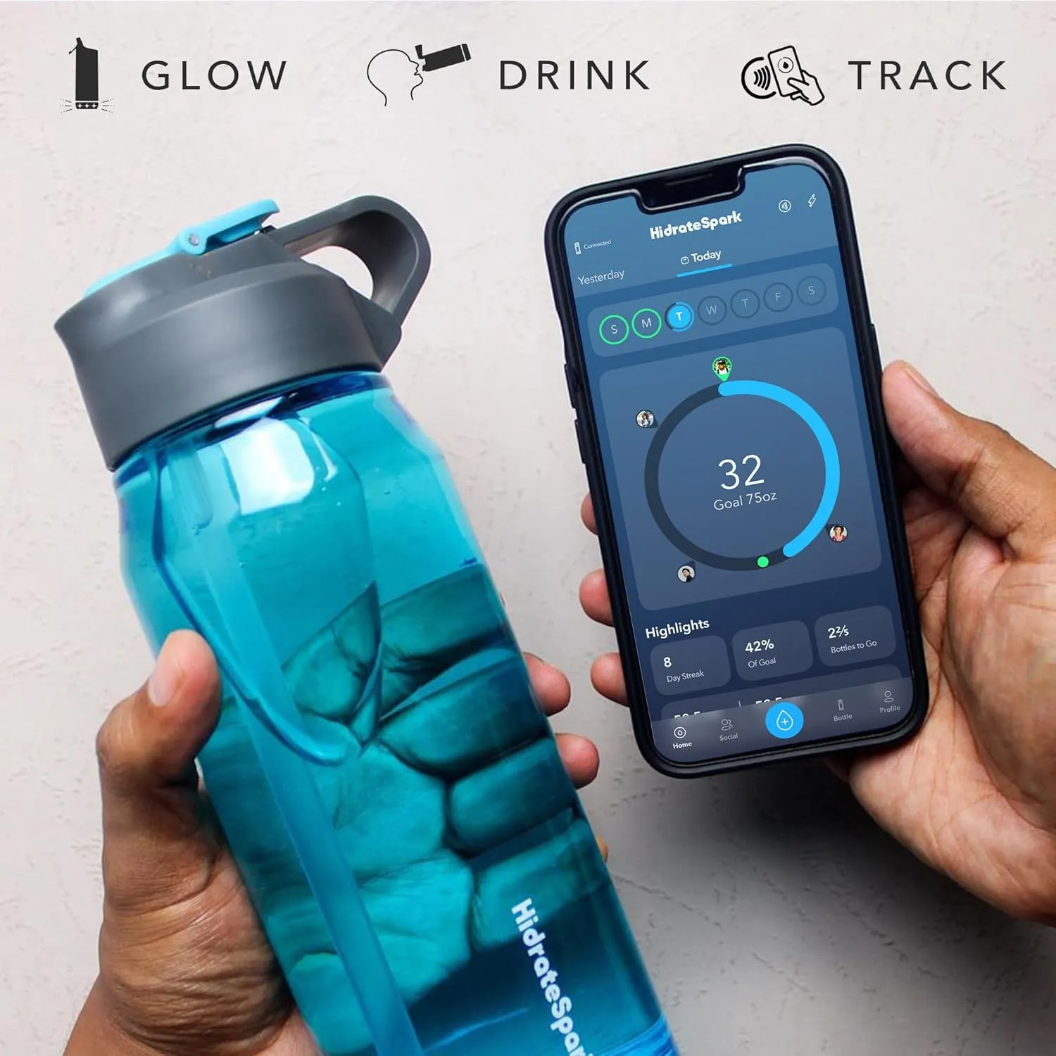Hidrate Spark TAP Smart Water Bottle – Tritan Plastic – Tap Phone to Track Water Intake, LED Glow Reminder When You Need to Drink – Chug Lid, 32 oz, Wildberry