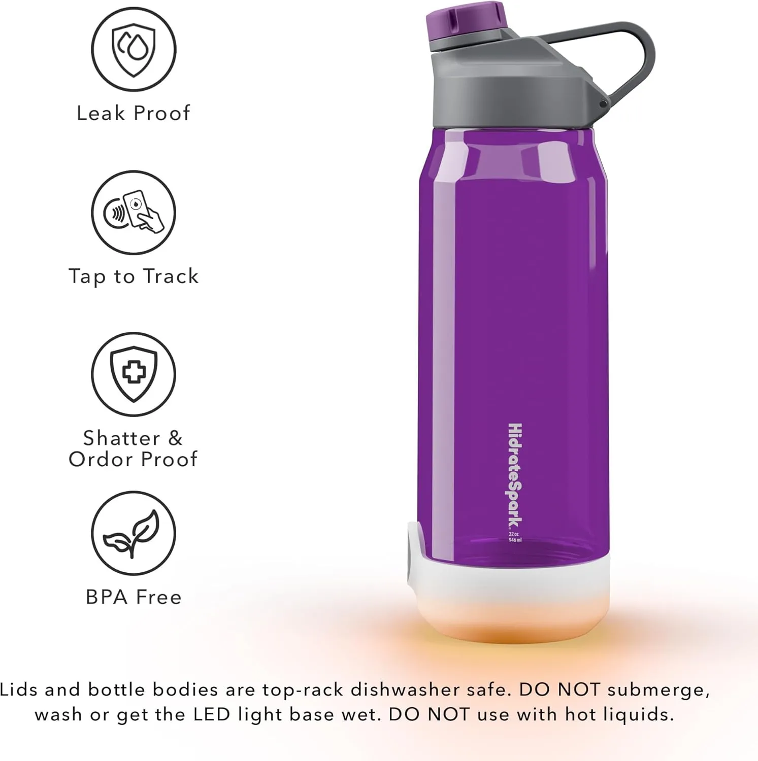 Hidrate Spark TAP Smart Water Bottle – Tritan Plastic – Tap Phone to Track Water Intake, LED Glow Reminder When You Need to Drink – Chug Lid, 32 oz, Wildberry