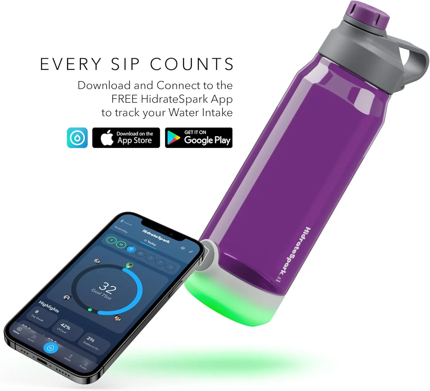 Hidrate Spark TAP Smart Water Bottle – Tritan Plastic – Tap Phone to Track Water Intake, LED Glow Reminder When You Need to Drink – Chug Lid, 32 oz, Wildberry