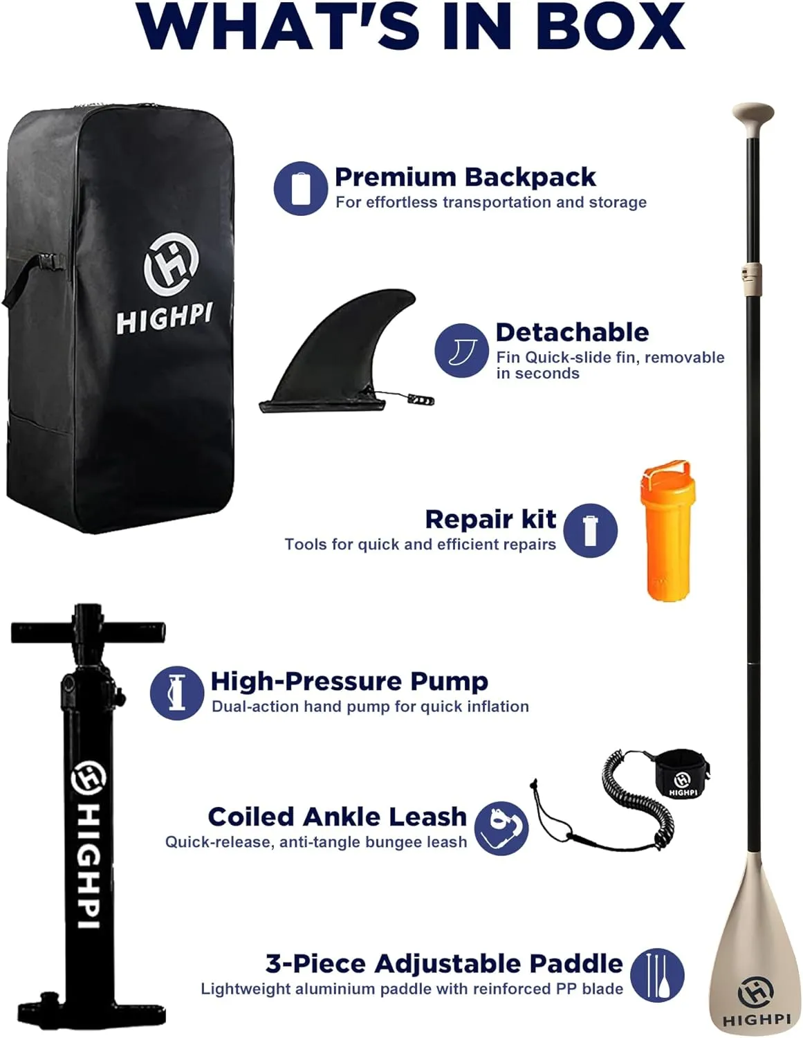 Highpi Inflatable Stand Up Paddle Board Premium SUP Accessories, Backpack, Wide Stance, Surf Control, Non-Slip Deck, Leash, Paddle and Pump, Standing Boat for Youth and Adult