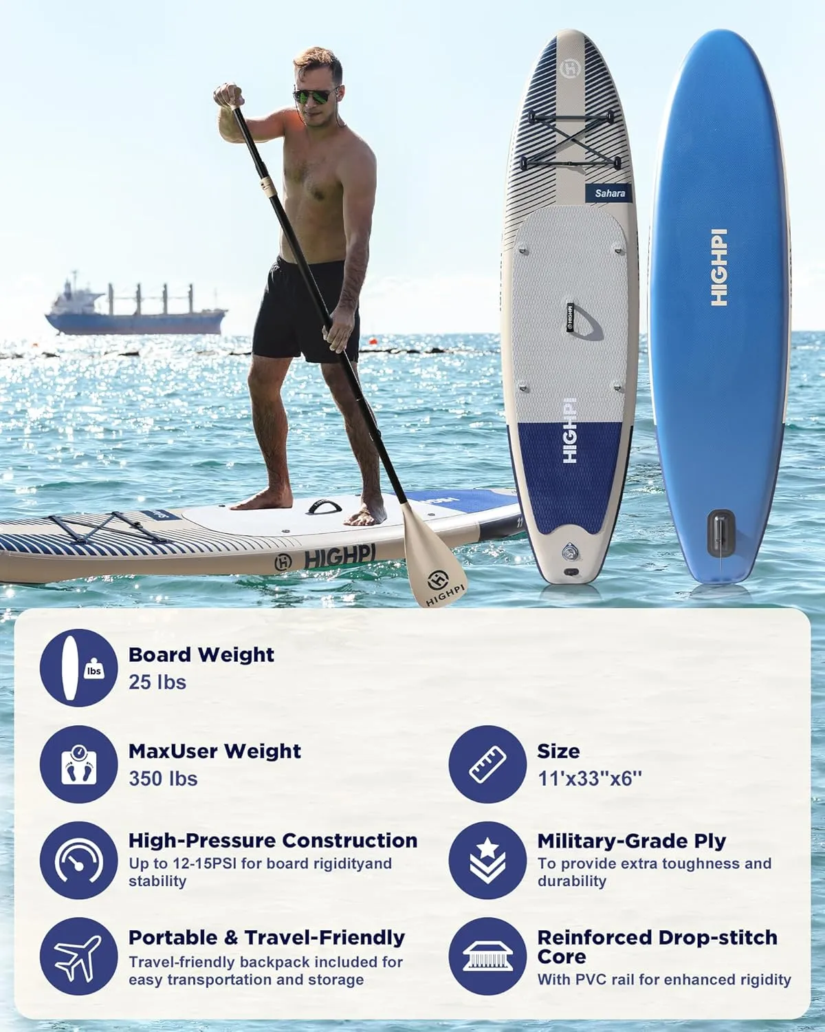 Highpi Inflatable Stand Up Paddle Board Premium SUP Accessories, Backpack, Wide Stance, Surf Control, Non-Slip Deck, Leash, Paddle and Pump, Standing Boat for Youth and Adult