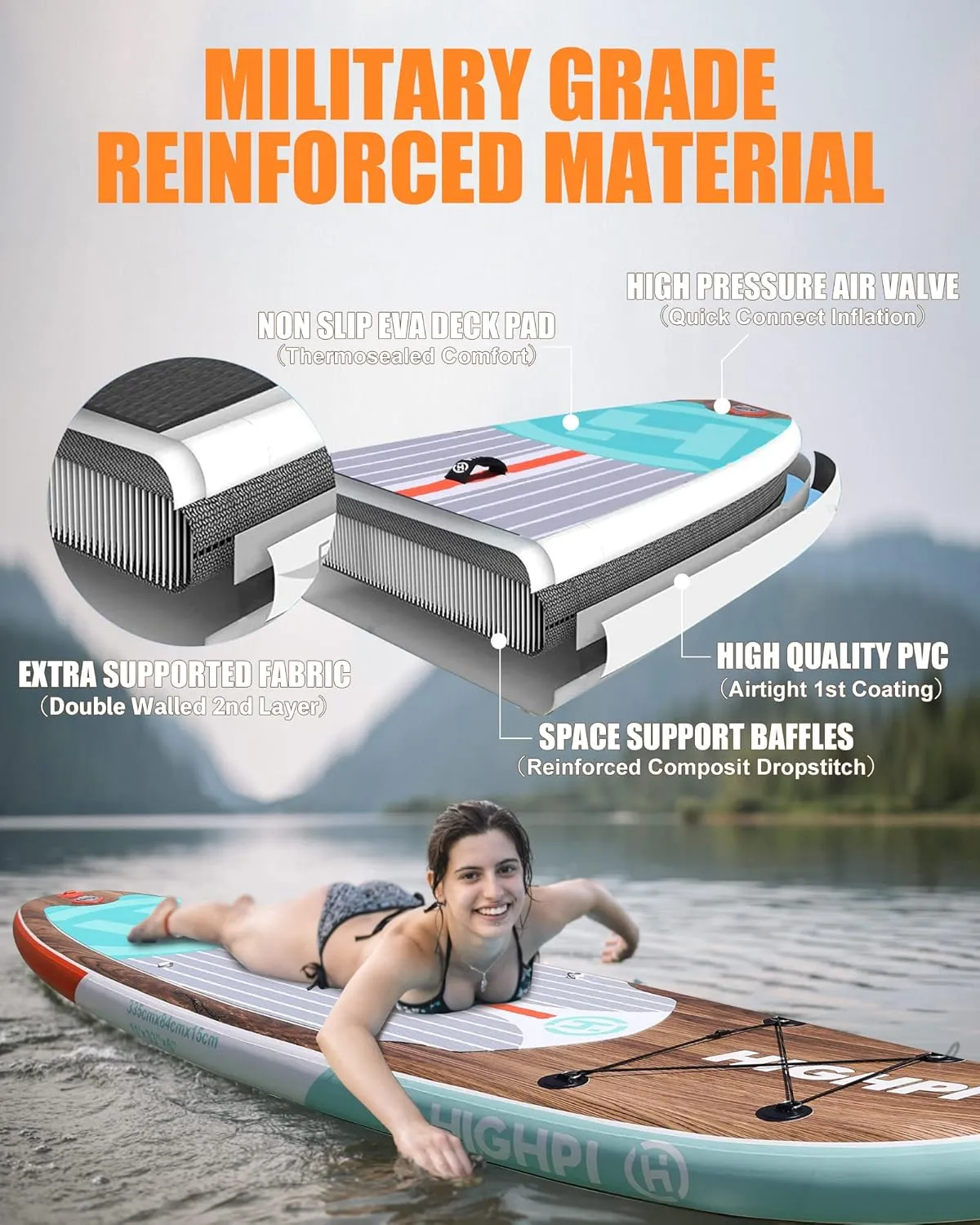 Highpi Inflatable Stand Up Paddle Board Premium SUP Accessories, Backpack, Wide Stance, Surf Control, Non-Slip Deck, Leash, Paddle and Pump, Standing Boat for Youth and Adult