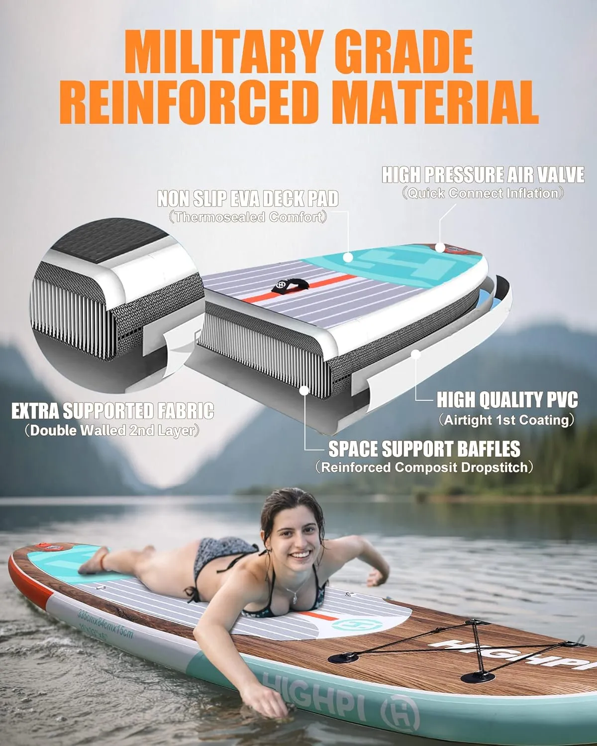 Highpi Inflatable Stand Up Paddle Board Premium SUP Accessories, Backpack, Wide Stance, Surf Control, Non-Slip Deck, Leash, Paddle and Pump, Standing Boat for Youth and Adult