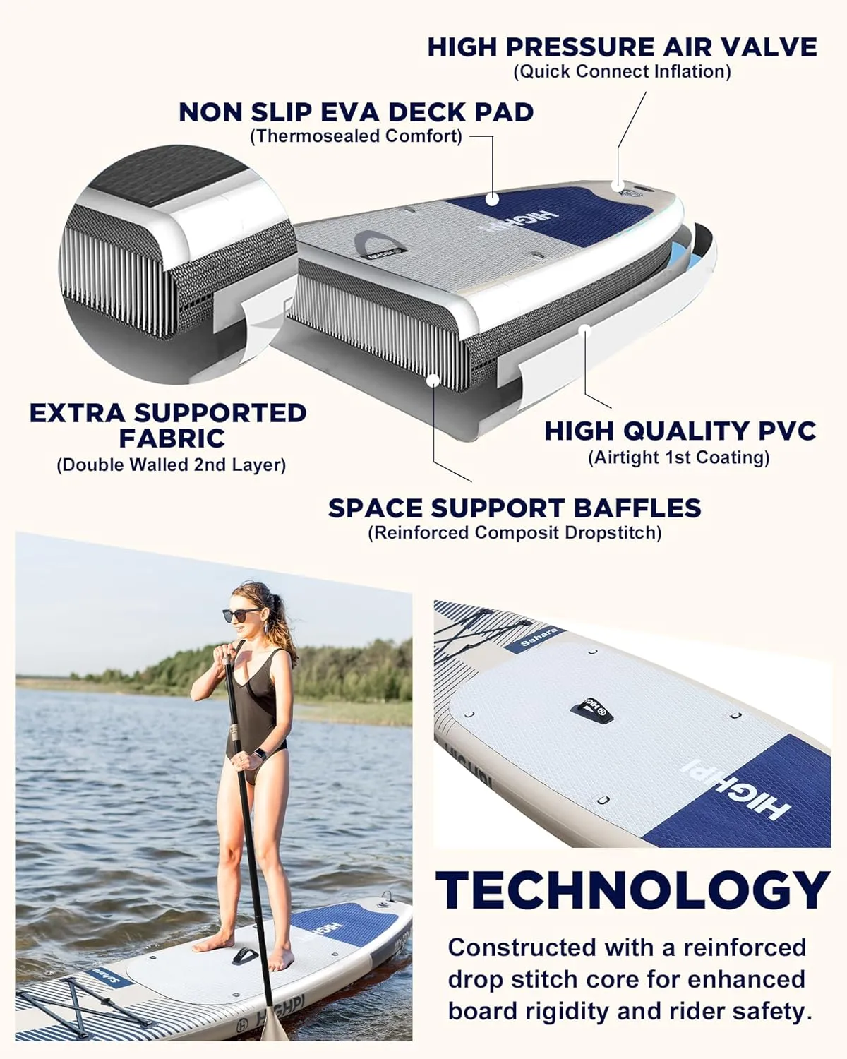 Highpi Inflatable Stand Up Paddle Board Premium SUP Accessories, Backpack, Wide Stance, Surf Control, Non-Slip Deck, Leash, Paddle and Pump, Standing Boat for Youth and Adult