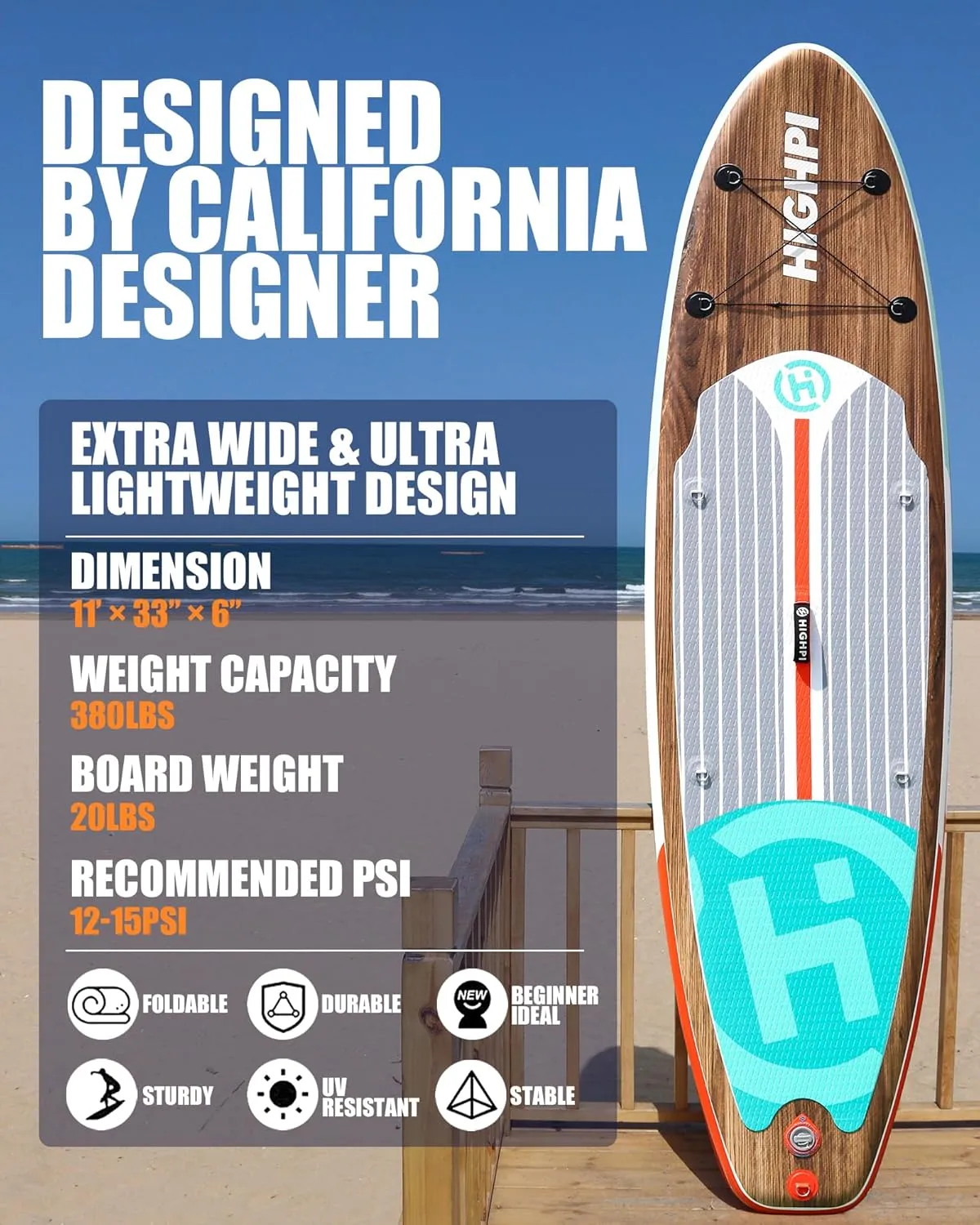 Highpi Inflatable Stand Up Paddle Board Premium SUP Accessories, Backpack, Wide Stance, Surf Control, Non-Slip Deck, Leash, Paddle and Pump, Standing Boat for Youth and Adult