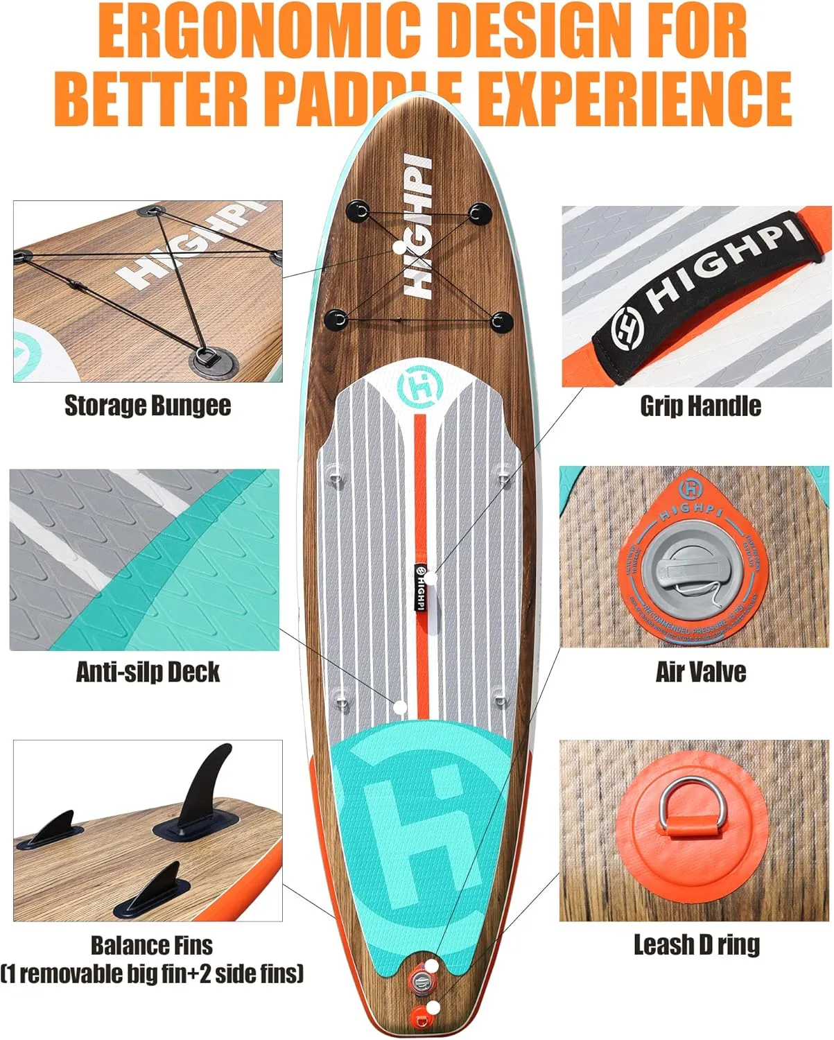 Highpi Inflatable Stand Up Paddle Board Premium SUP Accessories, Backpack, Wide Stance, Surf Control, Non-Slip Deck, Leash, Paddle and Pump, Standing Boat for Youth and Adult