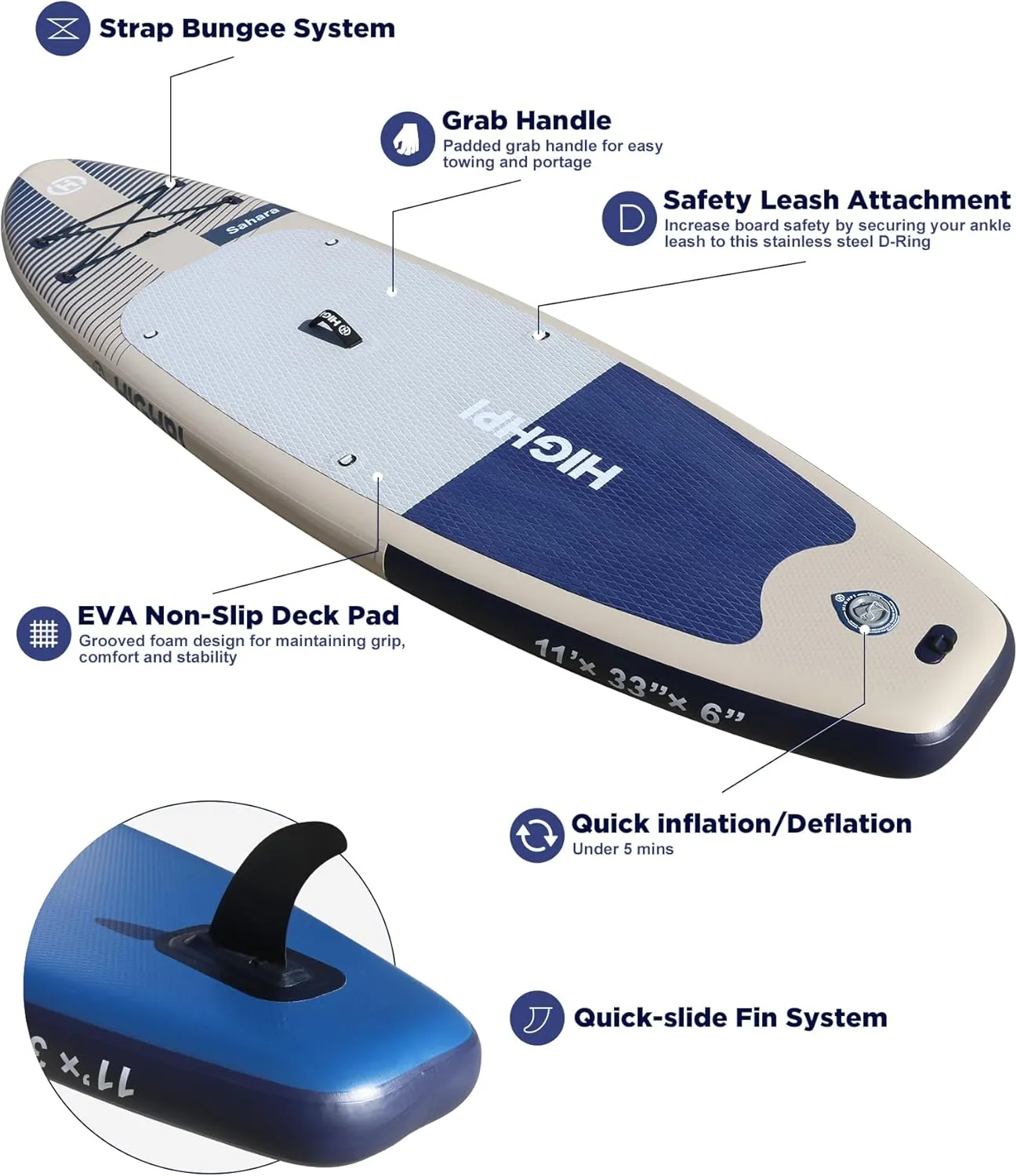 Highpi Inflatable Stand Up Paddle Board Premium SUP Accessories, Backpack, Wide Stance, Surf Control, Non-Slip Deck, Leash, Paddle and Pump, Standing Boat for Youth and Adult