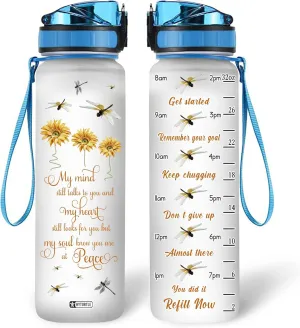 Hyturtle My Mind Still Talks To You Heaven Sunflower Dragonfly 32Oz Liter Motivational Water Bottle, Tracking Water With Time Marker, Gifts For Women Girls Friends Family Dragonfly Lovers On Birthday