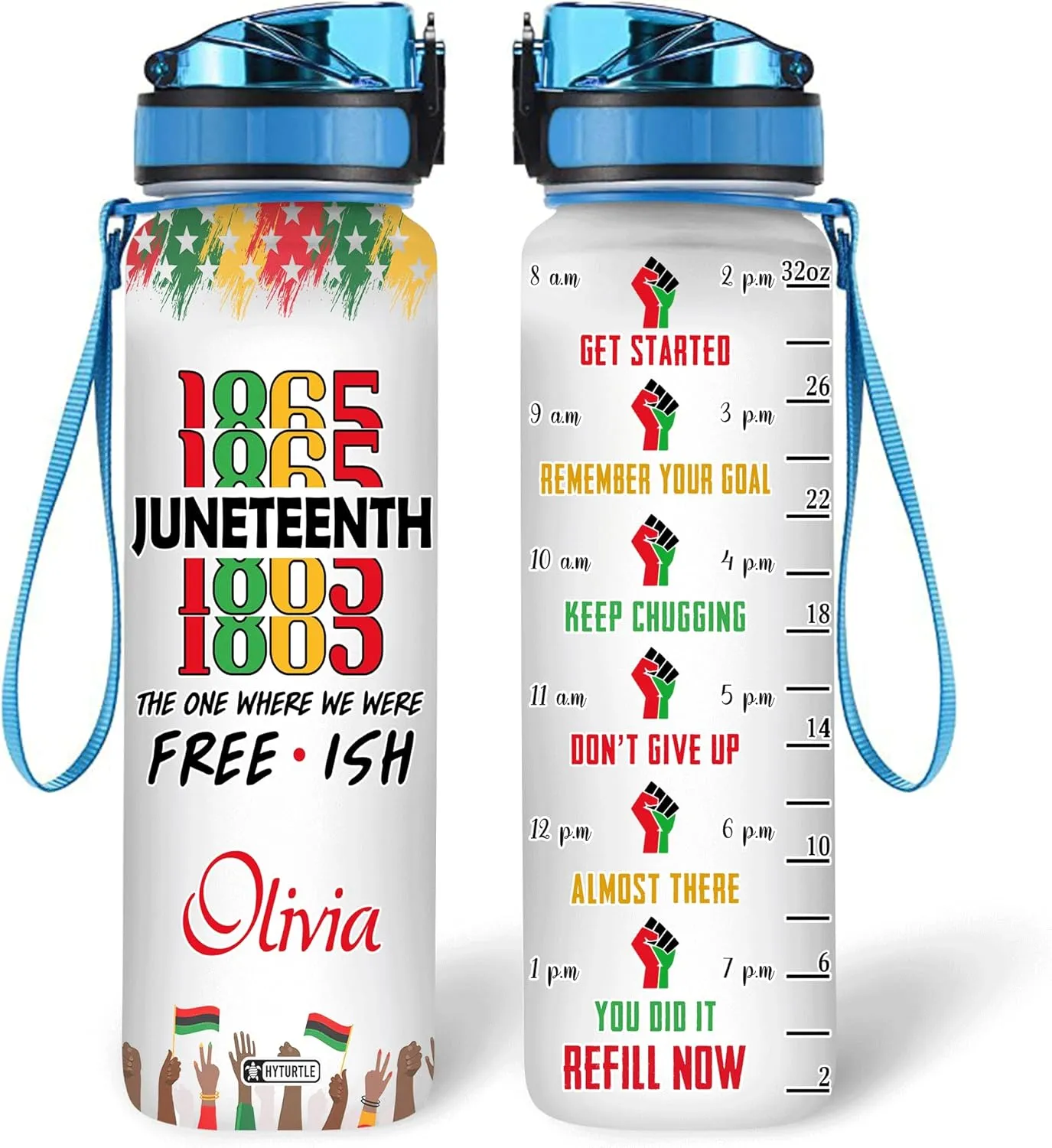 Hyturtle Personalized 1865 Juneteenth Pride History African American 32oz Liter Motivational Water Bottle, Customized Name With Time Marker, Gifts For Black Women Men On Juneteenth Independence Day