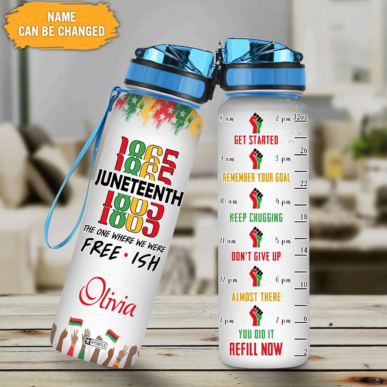 Hyturtle Personalized 1865 Juneteenth Pride History African American 32oz Liter Motivational Water Bottle, Customized Name With Time Marker, Gifts For Black Women Men On Juneteenth Independence Day