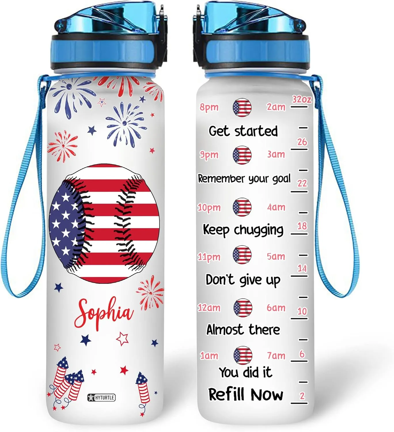 Hyturtle Personalized Baseball American Flag Firework 32oz Liter Motivational Water Bottle, Customized Name With Time Marker, Gifts For Boys Friend Baseball Lover On Independence Day 4th Of July