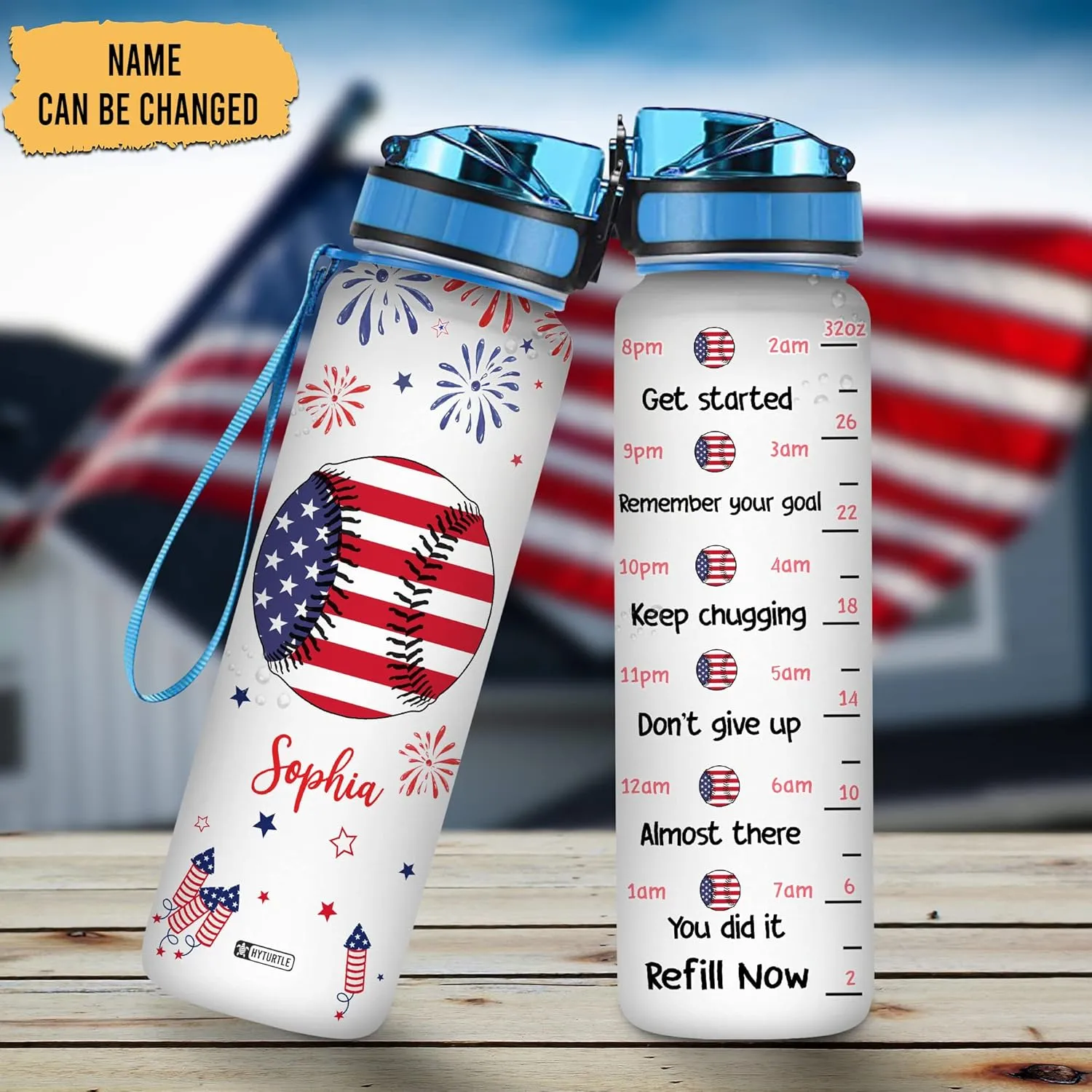 Hyturtle Personalized Baseball American Flag Firework 32oz Liter Motivational Water Bottle, Customized Name With Time Marker, Gifts For Boys Friend Baseball Lover On Independence Day 4th Of July