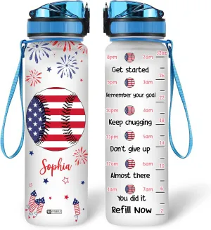 Hyturtle Personalized Baseball American Flag Firework 32oz Liter Motivational Water Bottle, Customized Name With Time Marker, Gifts For Boys Friend Baseball Lover On Independence Day 4th Of July