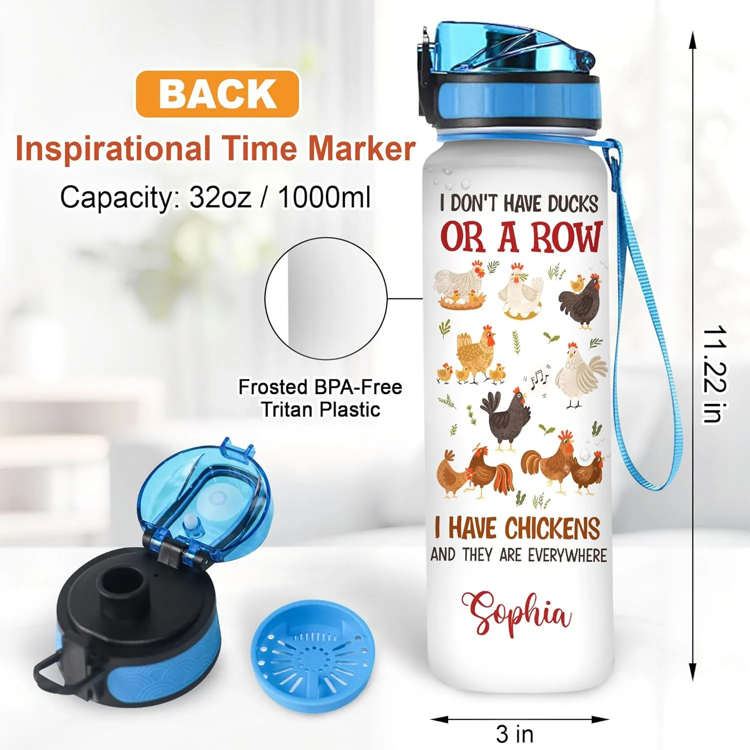 Hyturtle Personalized Chicken Gift For Women - I Don't Have Ducks I Have Chickens Customized Name 32oz 1Liter Motivational Water Bottle, Farm lovers Gift For Mom Girl Women On Christmas, Birthday
