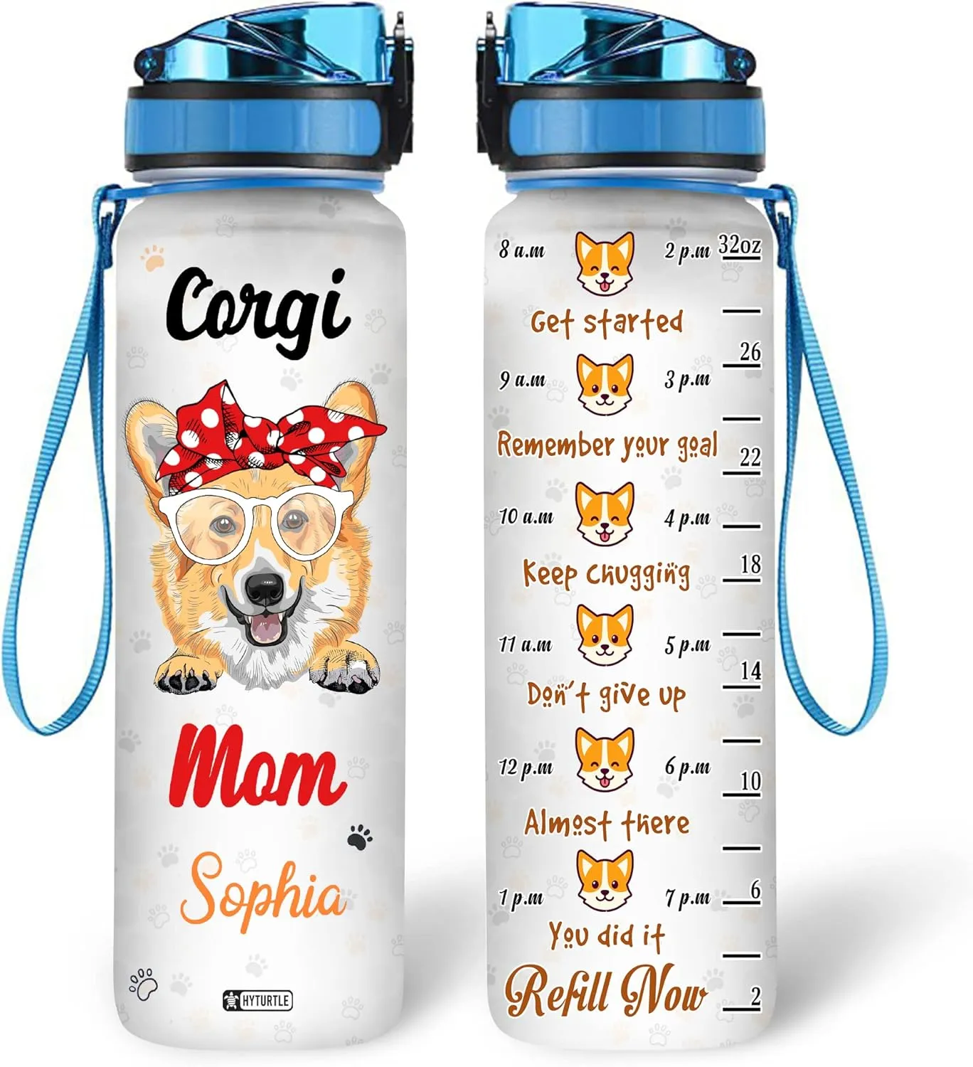 Hyturtle Personalized Corgi Mom 32oz Liter Motivational Water Bottle, Customized Name With Time Marker, Gifts For Women Mom Family Friend Corgi Lover Dog Lover On Birthday Mother's Day