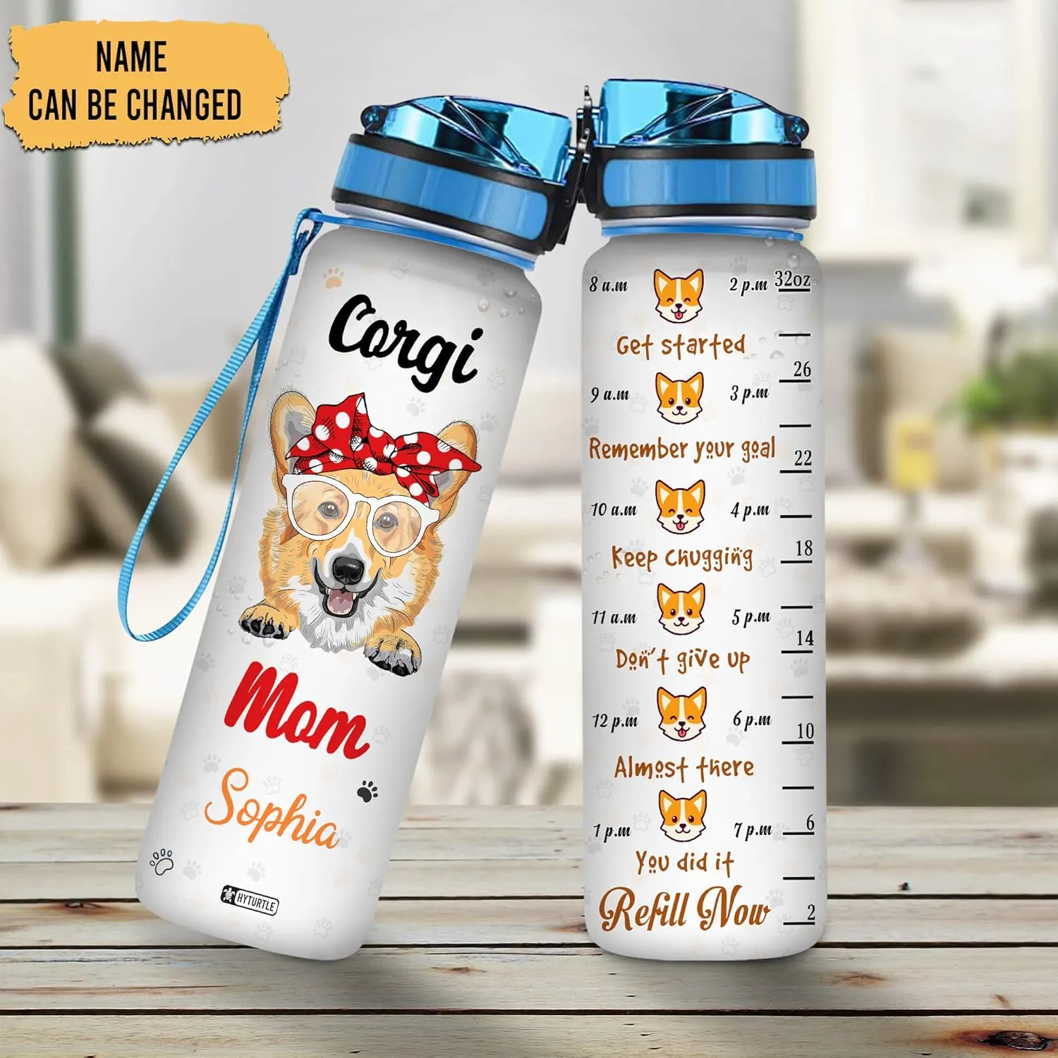 Hyturtle Personalized Corgi Mom 32oz Liter Motivational Water Bottle, Customized Name With Time Marker, Gifts For Women Mom Family Friend Corgi Lover Dog Lover On Birthday Mother's Day