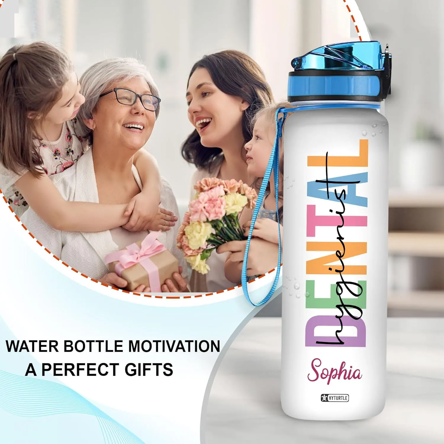 Hyturtle Personalized Dentist 32Oz 1Liter Motivational Water Bottle, Dental Hygienist Custom Name Water Bottle With Time Marker - Dental Hygienist Gifts For Woman, Coworker On Birthday