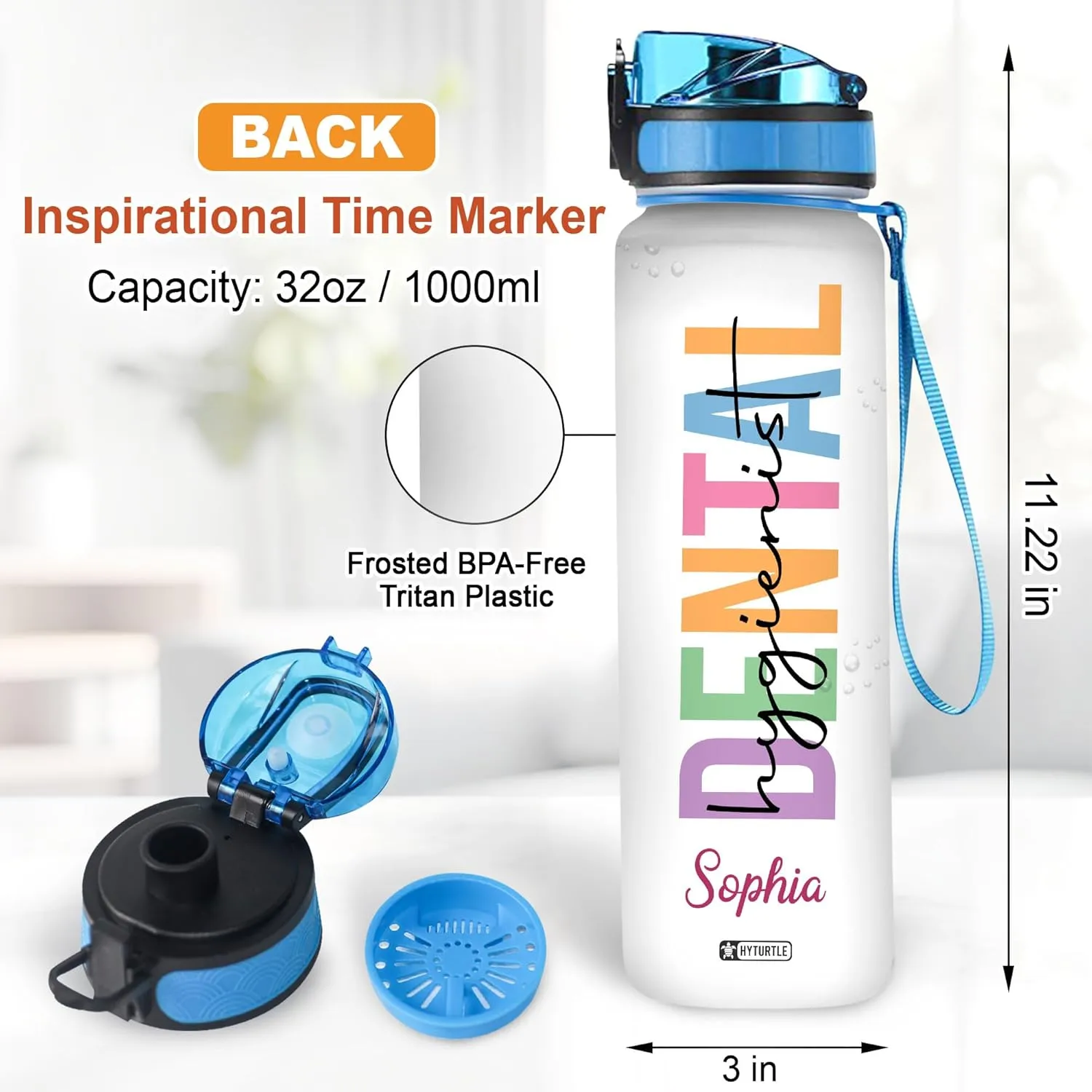 Hyturtle Personalized Dentist 32Oz 1Liter Motivational Water Bottle, Dental Hygienist Custom Name Water Bottle With Time Marker - Dental Hygienist Gifts For Woman, Coworker On Birthday