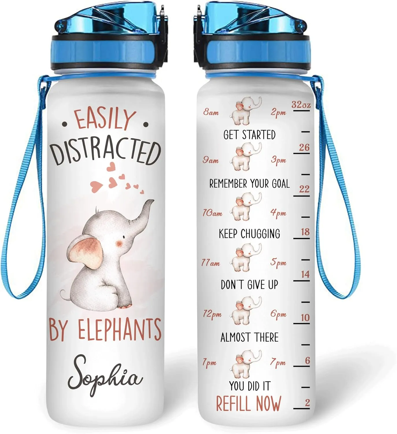 Hyturtle Personalized Elephant Lovers 32 Oz 1Liter Motivational Water Bottle, Easily Distracted By Elephants Custom Water Bottle With Time Marker, Animal Lover Gifts For Women Girl On Birthday