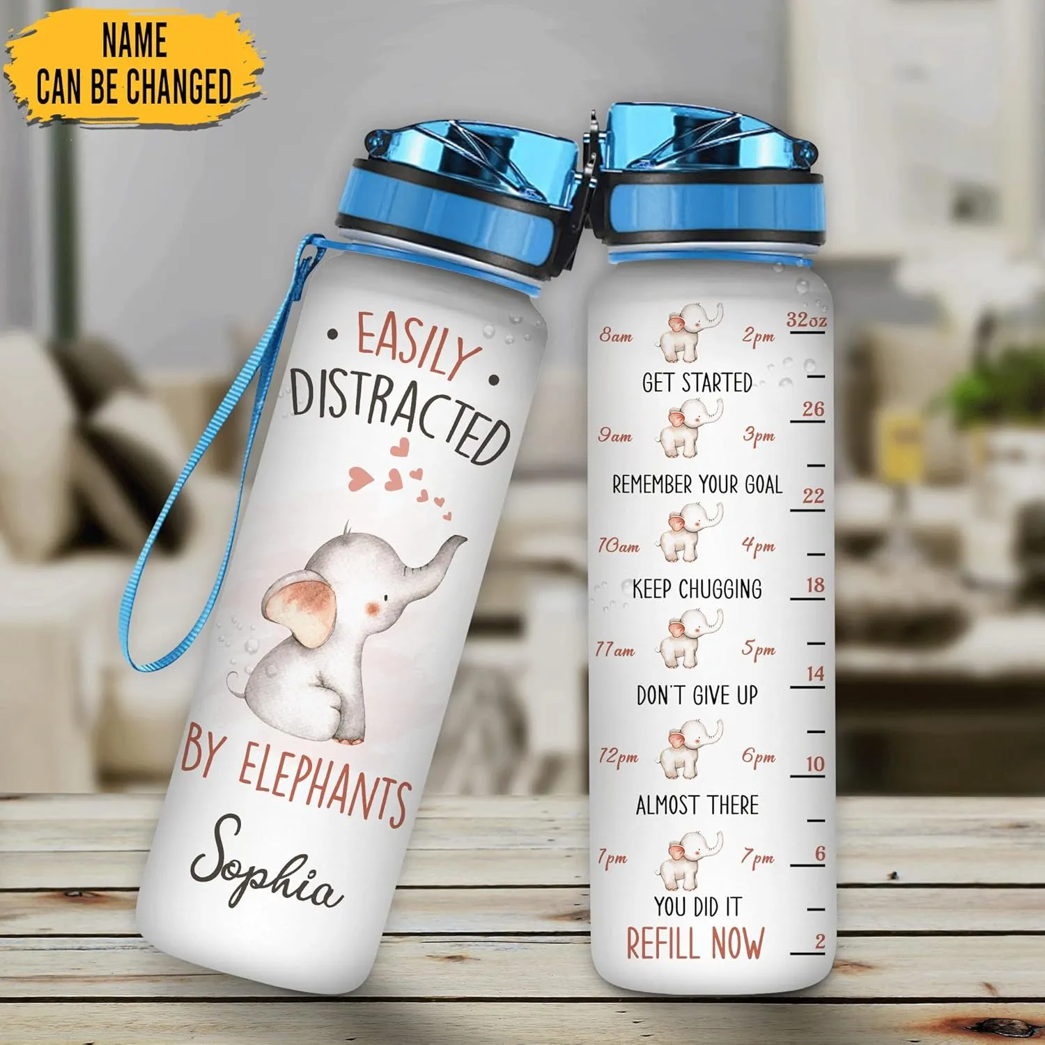 Hyturtle Personalized Elephant Lovers 32 Oz 1Liter Motivational Water Bottle, Easily Distracted By Elephants Custom Water Bottle With Time Marker, Animal Lover Gifts For Women Girl On Birthday