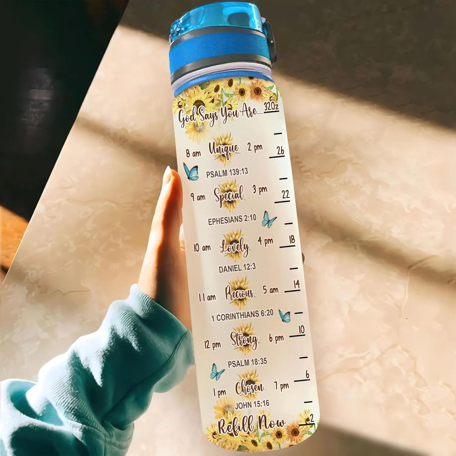 Hyturtle Personalized Faith Hope Love Sunflower Butterfly 32oz Liter Motivational Water Bottle, Customized Name Tracking Water Bottle Gifts For Women Butterfly Lovers, Sunflower Lovers On Birthday