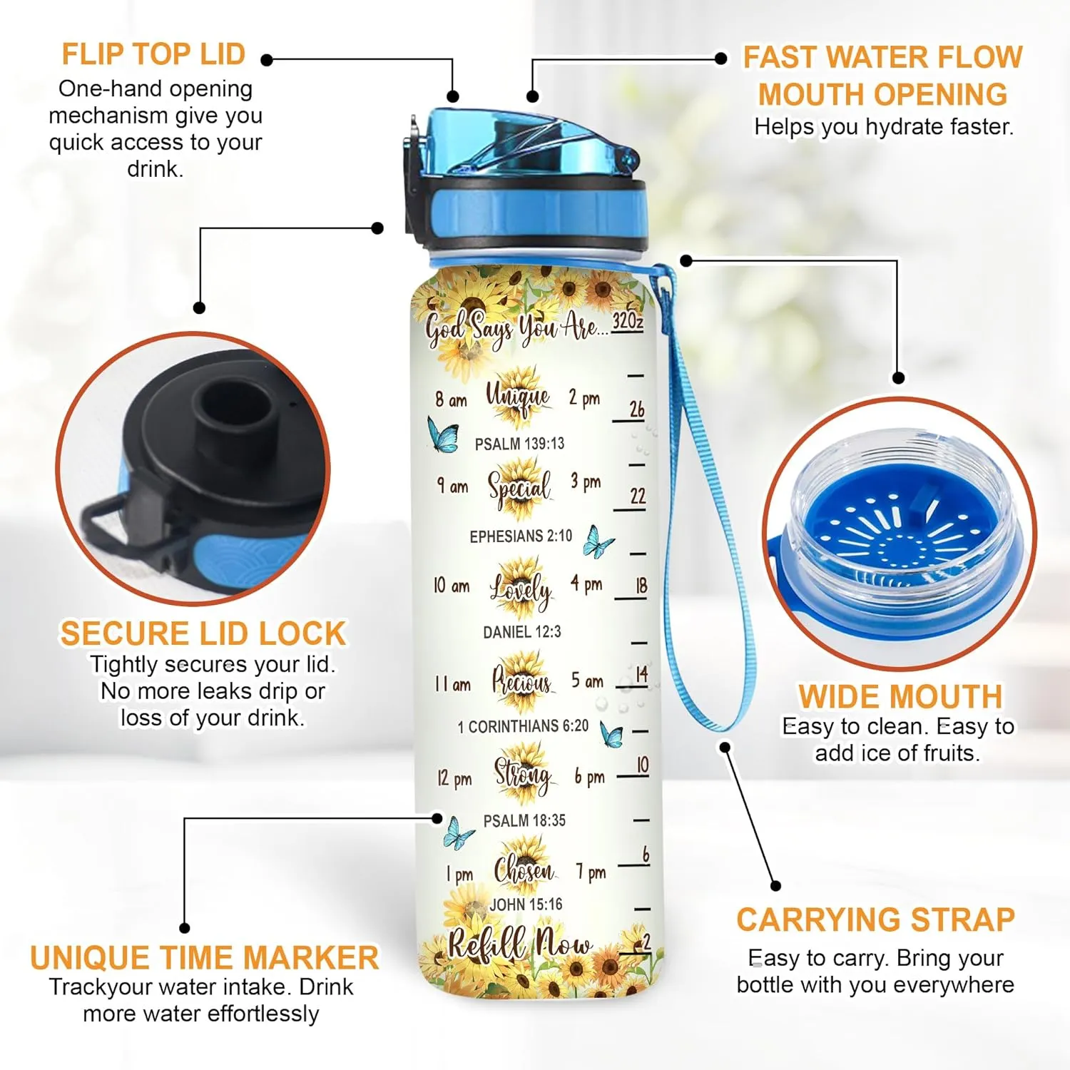 Hyturtle Personalized Faith Hope Love Sunflower Butterfly 32oz Liter Motivational Water Bottle, Customized Name Tracking Water Bottle Gifts For Women Butterfly Lovers, Sunflower Lovers On Birthday